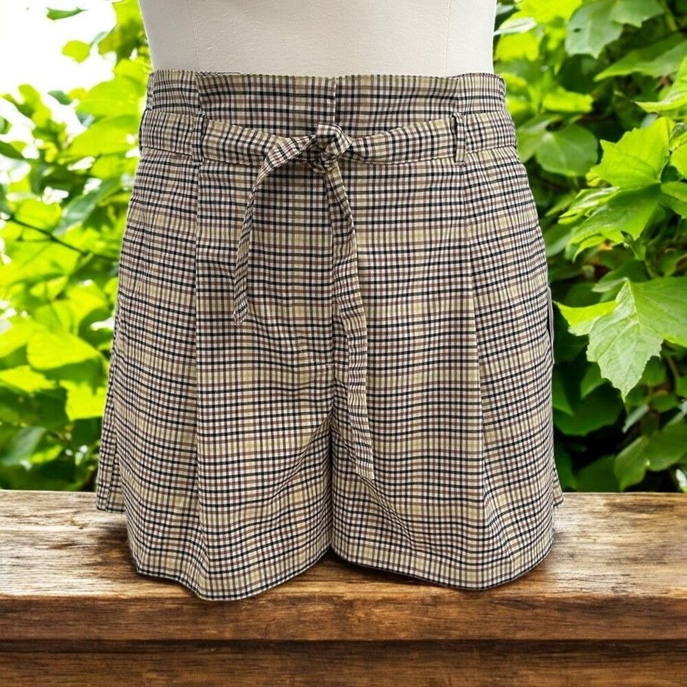Worthington Brown Yellow Plaid Belted Shorts 16‎ Preppy Cottagecore Academia
